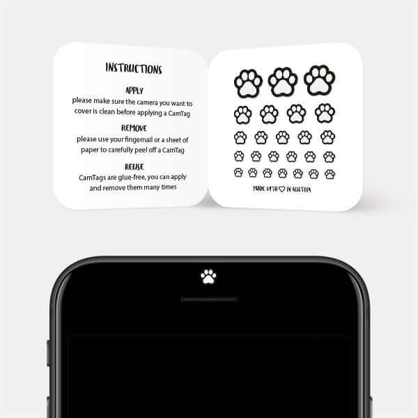 reusable camera cover in use on smartphone front-facing camera for digital privacy – white Cat Paw CamTag