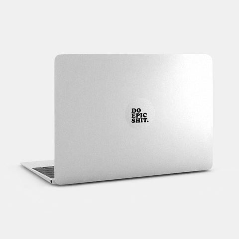 silver "DoEpicShit" reusable macbook sticker tabtag on a laptop