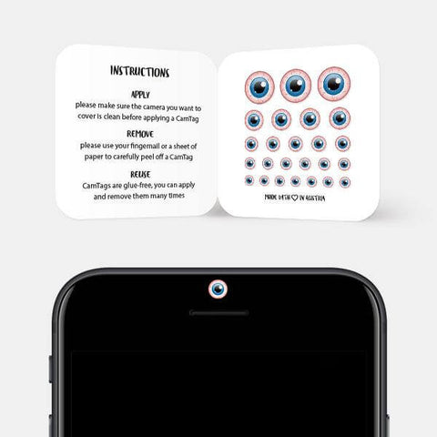 colorful "eye" reusable privacy sticker CamTag on phone by plugyou
