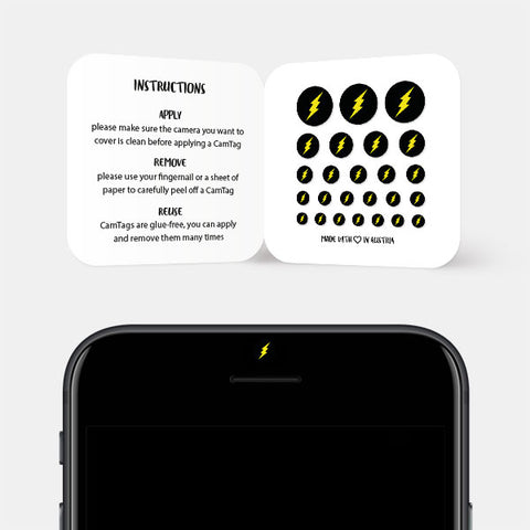dark "Flash" reusable privacy sticker CamTag on phone
