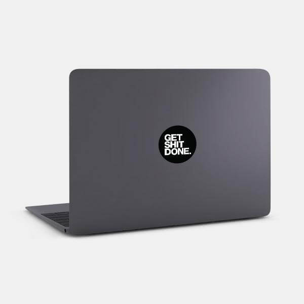 black get shit done reusable macbook sticker tabtag on a laptop