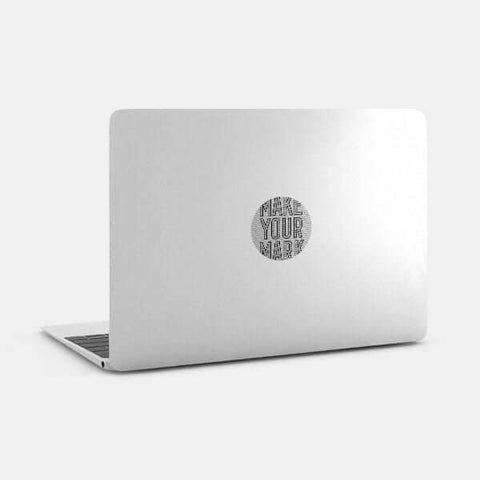 silver "MakeYourMark" reusable macbook sticker tabtag on a laptop