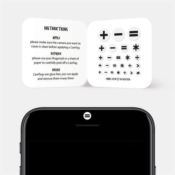 typographic "math set" reusable privacy sticker sets CamTag on phone
