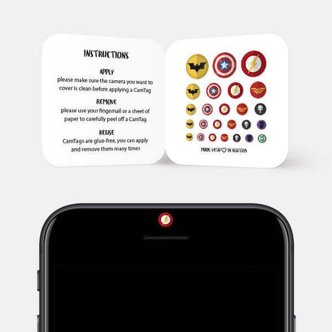 "superheroes set" reusable privacy sticker sets CamTag on phone by plugyou