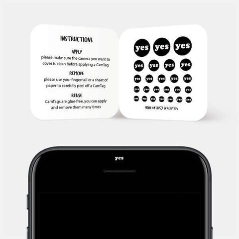 typographic dark "Yes" reusable privacy sticker CamTag on phone