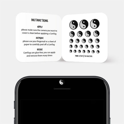 silver "YinYang" reusable privacy sticker CamTag on phone
