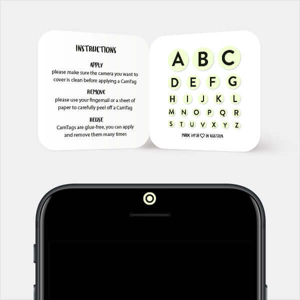 luminescent day "alphabet set" reusable privacy sticker sets CamTag on phone
