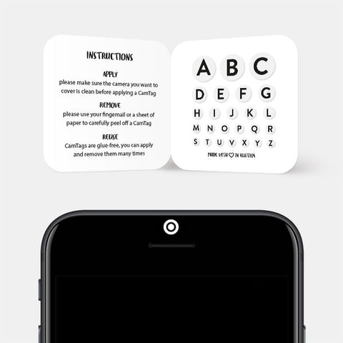 typographic "alphabet set" reusable privacy sticker sets CamTag on phone