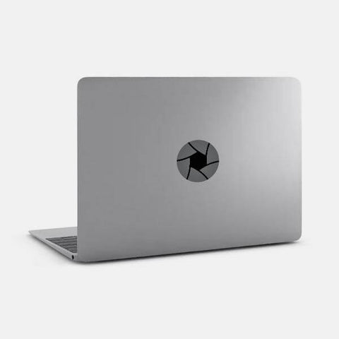 dark "aperture" reusable macbook sticker tabtag on a mac