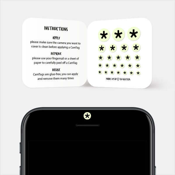 webcam privacy sticker in use on smartphone front camera for digital privacy – luminescent day Asterisk CamTag