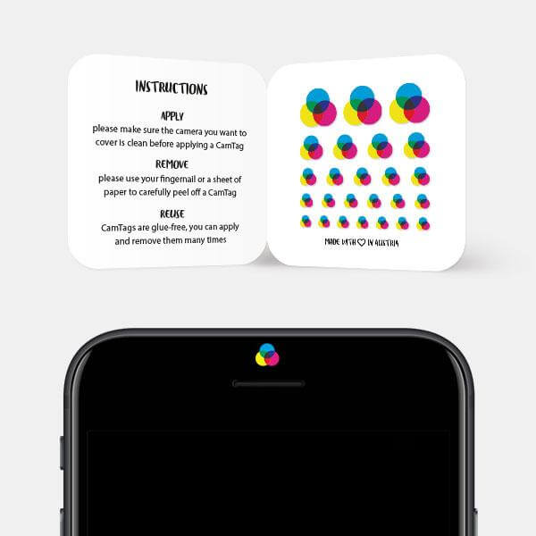 digital cam cover applied to smartphone front camera for privacy — CMYK CamTag 