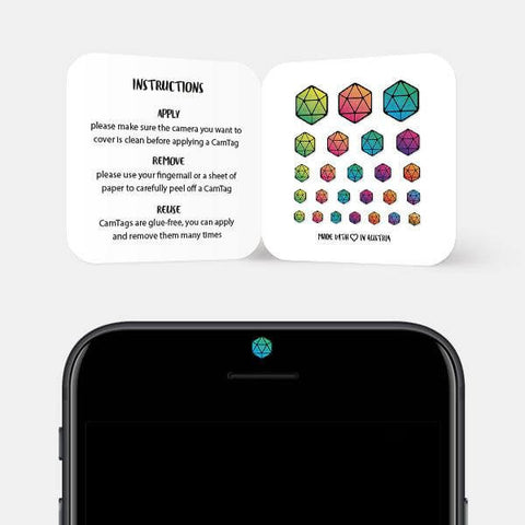 colorful "icosahedron" reusable privacy sticker CamTag on phone