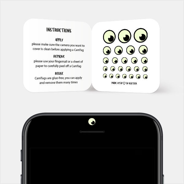 Luminescent Day Black/White Eye Reusable Webcam Cover blocking smartphone front camera privacy | CamTag