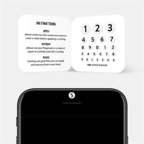 typographic "numbers set" reusable privacy sticker sets CamTag on phone