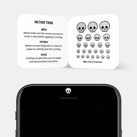 silver "skull" reusable privacy sticker CamTag on phone