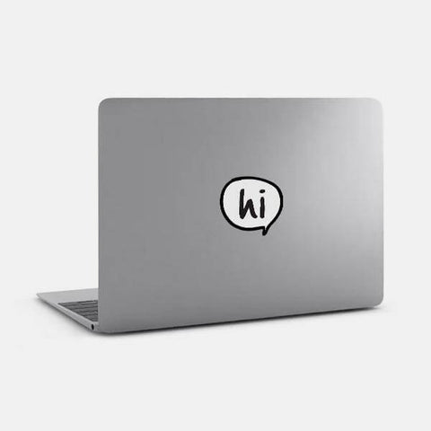 typographic "speech bubble hi" reusable macbook sticker tabtag on a mac 