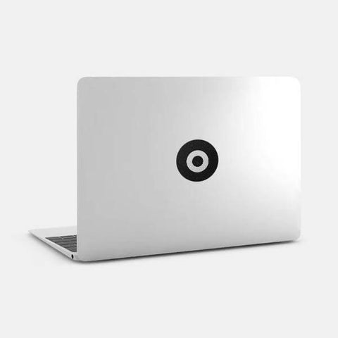 silver "target" reusable macbook sticker tabtag on a mac