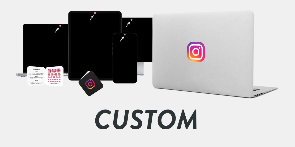 custom reusable privacy stickers covering the camera on a phone, tablet and screen. custom reusable macbook sticker on a laptop